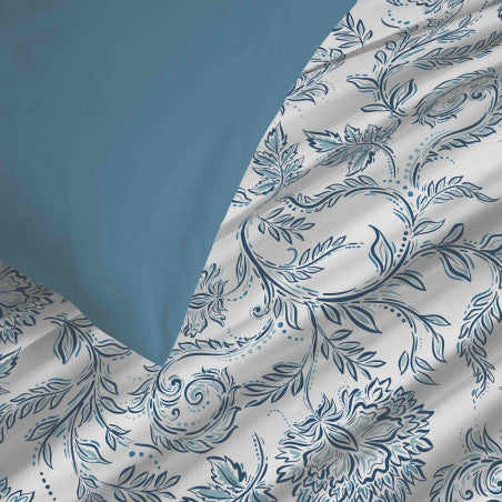 Pack Complet Housse de couette Imprimé 220 x 240 cm - Drap housse 140 x 190 cm - 100% coton / 57 fils/cm²- SALMA BLEU