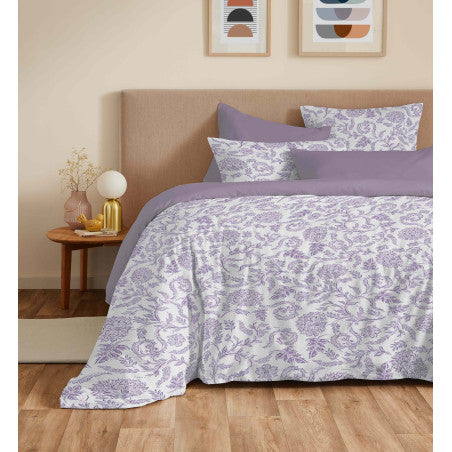 Pack Complet Housse de couette Imprimé 220 x 240 cm - Drap housse 140 x 190 cm - 100% coton / 57 fils/cm²- SALMA LAVANDE