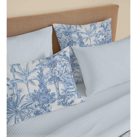Pack Complet Housse de couette Imprimé 220 x 240 cm - Drap housse 160 x 200 cm - 100% coton / 57 fils/cm²- ADAMA AZUR
