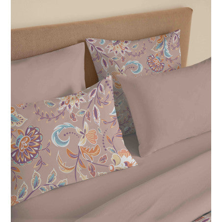 Pack Complet Housse de couette Imprimé 220 x 240 cm - Drap housse 160 x 200 cm - 100% coton / 57 fils/cm²- BERGAME NUDE