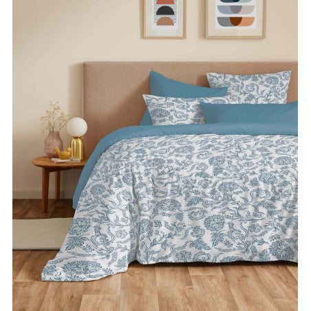 Pack Complet Housse de couette Imprimé 220 x 240 cm - Drap housse 160 x 200 cm - 100% coton / 57 fils/cm²- SALMA BLEU