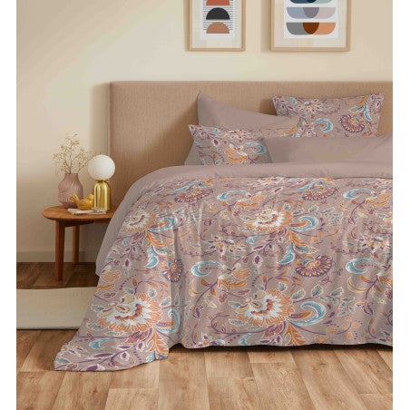 Pack Complet Housse de couette Imprimé 240 x 260 cm - Drap housse 180 x 200 cm King Size - 100% coton / 57 fils/cm²- BERGAME NUDE