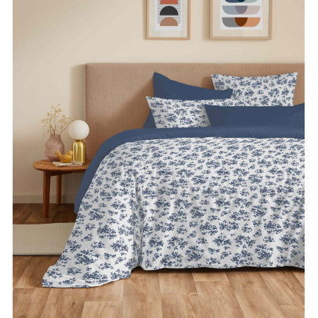 Pack Complet Housse de couette Imprimé 240 x 260 cm - Drap housse 180 x 200 cm King Size - 100% coton / 57 fils/cm²- ELOISE BLEU