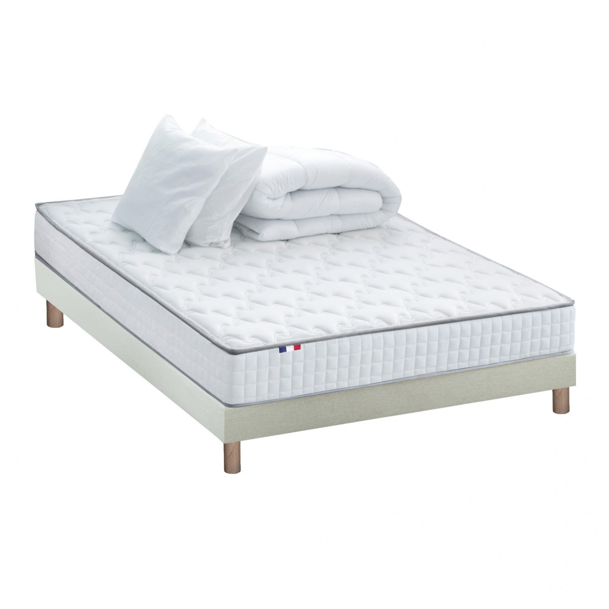Pack literie complet ASTRE : matelas 20 cm, sommier Beige, couette et oreillers, made in France
