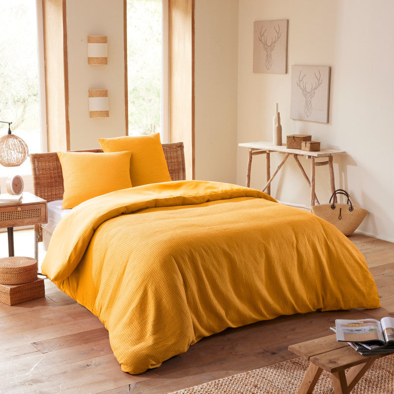 Pack 3 Pièces Housse de couette 260x240cm + 2 taies d'oreiller 65X65cm - nid d'abeille - Curry