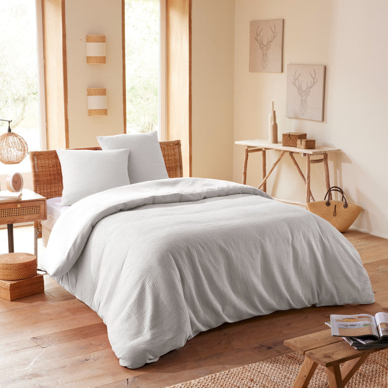 Pack 3 Pièces Housse de couette 260x240cm + 2 taies d'oreiller 65X65cm - nid d'abeille - Perle