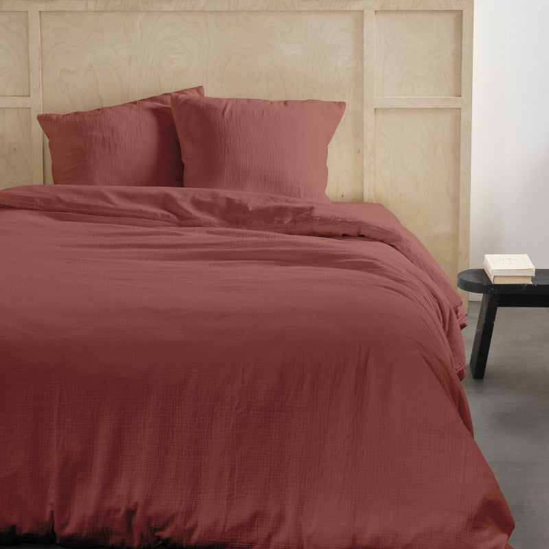 Pack 3 pièces Housse de couette 240 x 220 cm + 2 Taies d'oreiller 65 x 65 cm Gaze de Coton Terracotta