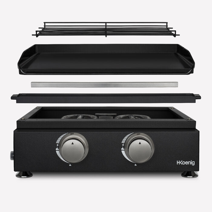Plancha au gaz 2 brûleurs - surface de cuisson 47 x 36 cm - jusqu'à 350 °C - fonte émaillée - noir