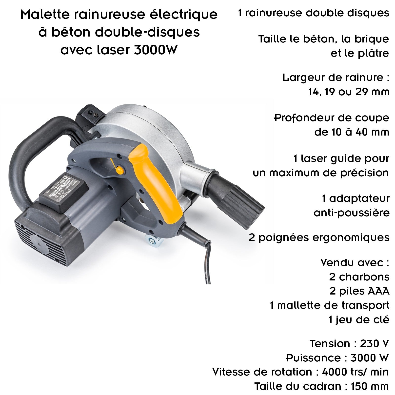 Mallette rainureuse électrique à béton double disques avec laser 3000W