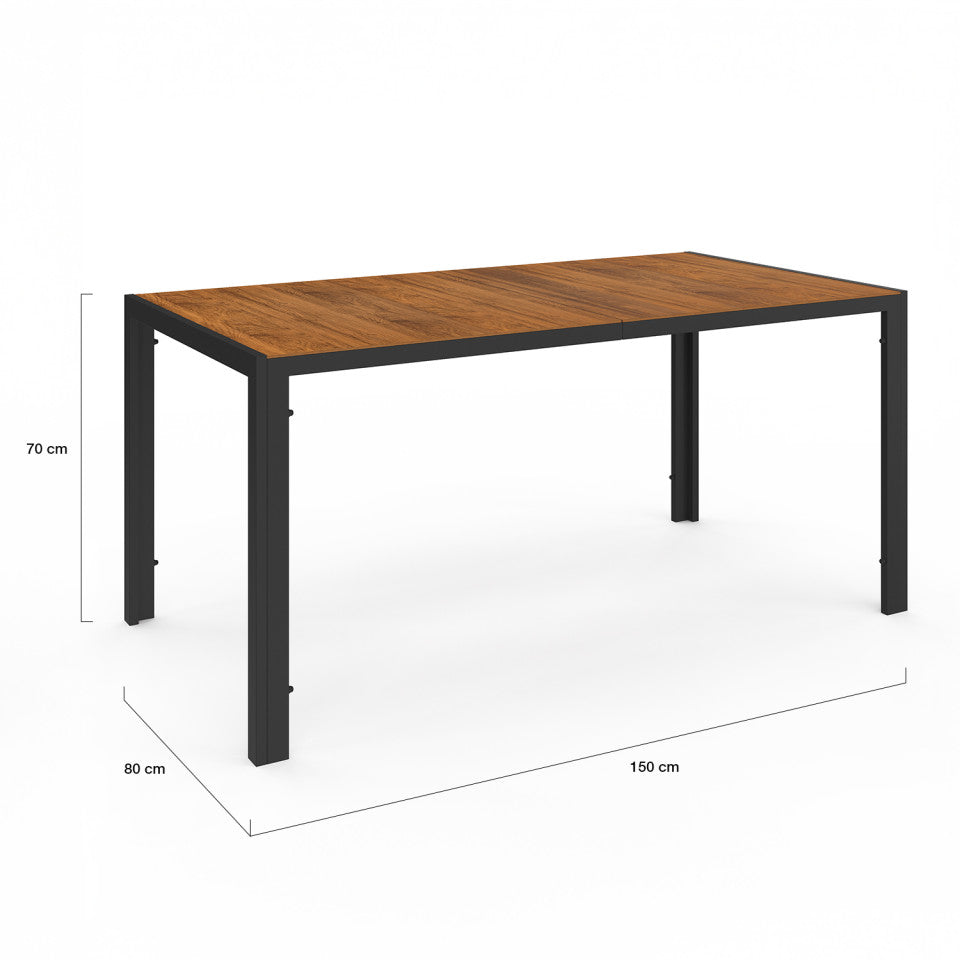 Ensemble repas Timbia 6 places noir et verre trempé effet bois