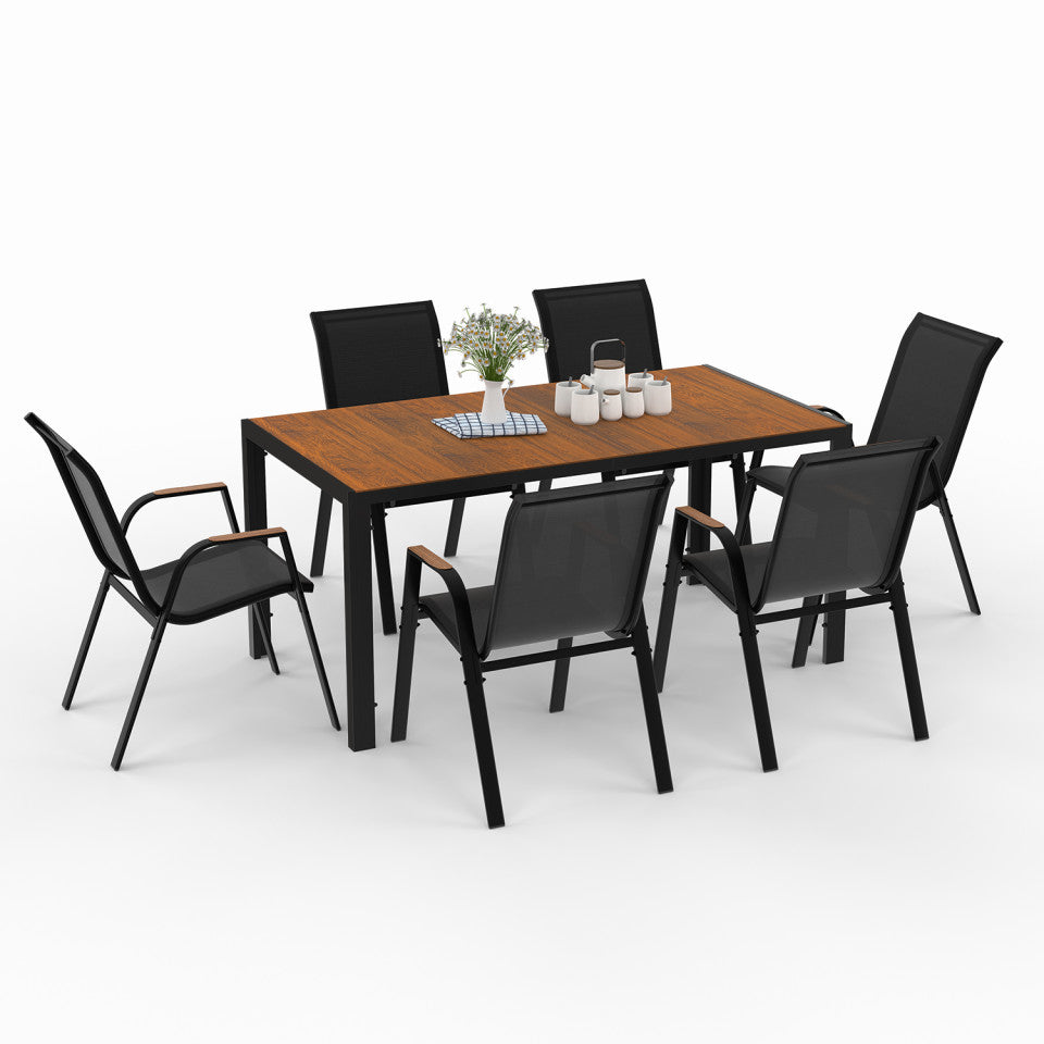 Ensemble repas Timbia 6 places noir et verre trempé effet bois