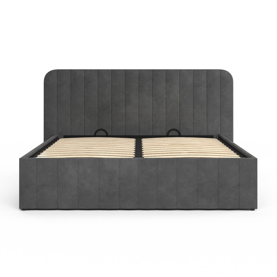 Lit coffre Valentina en velours gris avec sommier et tête de lit 140x190cm