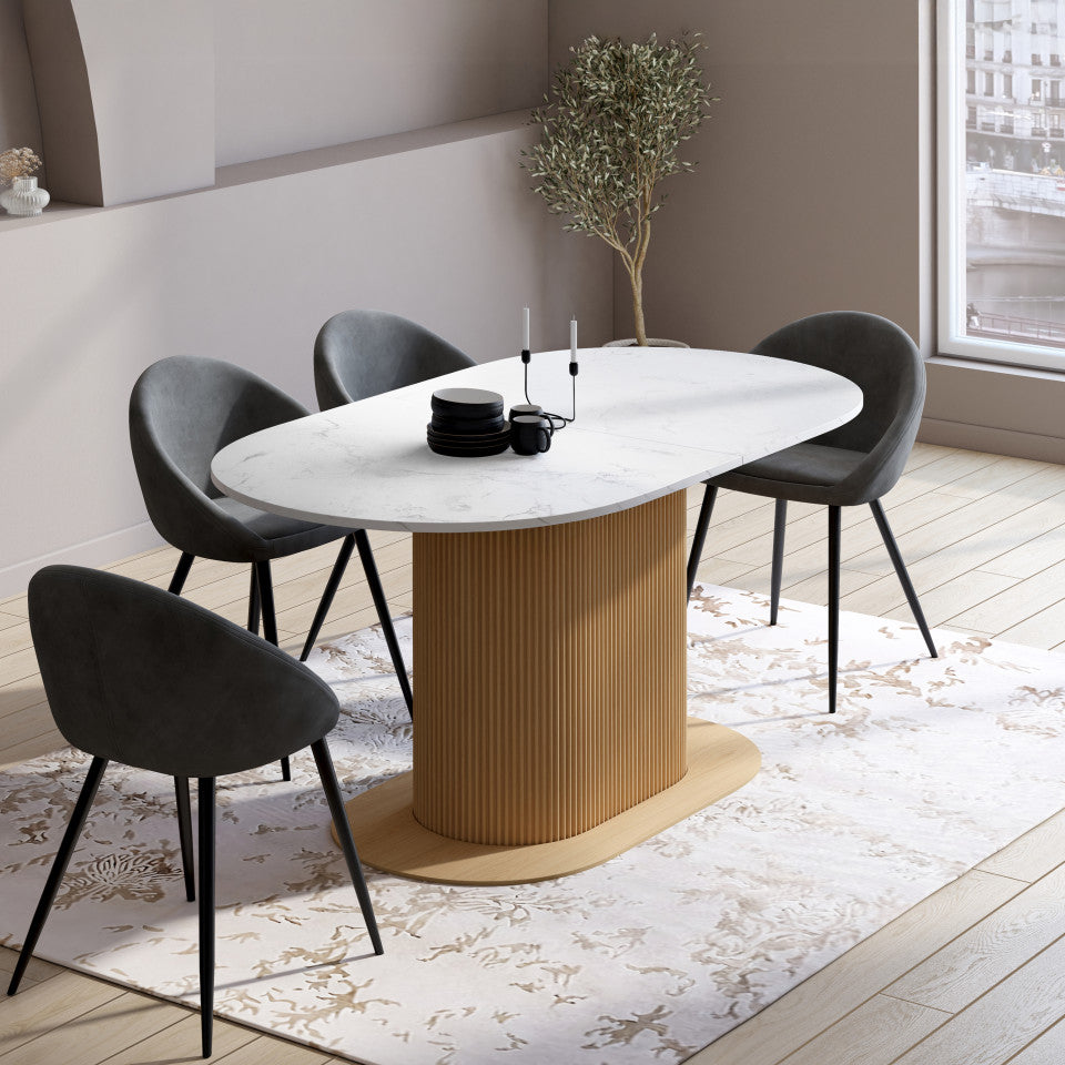 Table à manger extensible Maria effet marbre blanc et pied lattes 160-200cm