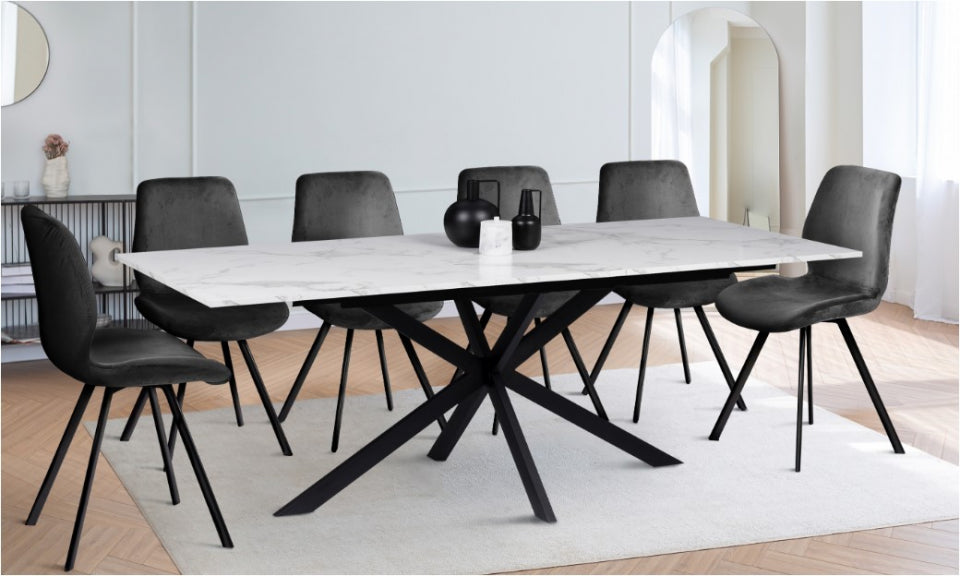 Table repas Glam plateau extensible 160-200cm effet marbre blanc et pieds croisés noirs