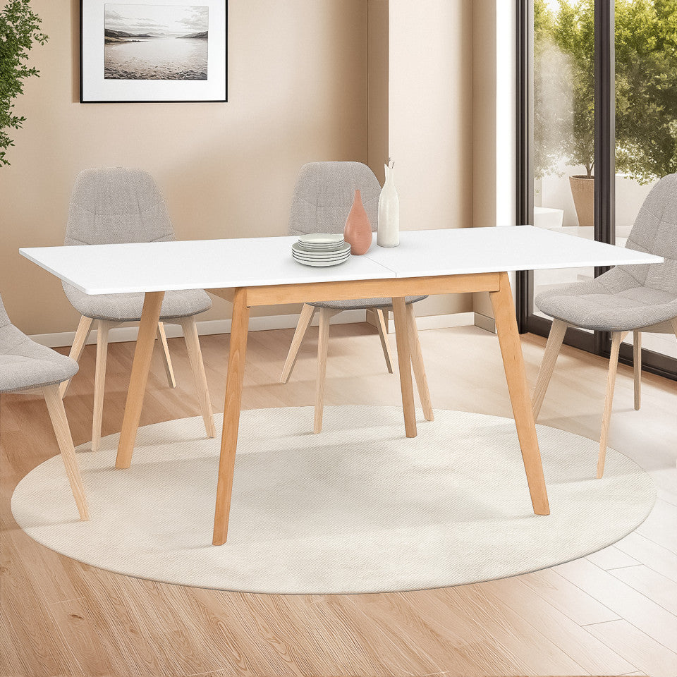Table repas scandinave pliable 80-160cm plateau blanc et pieds bois
