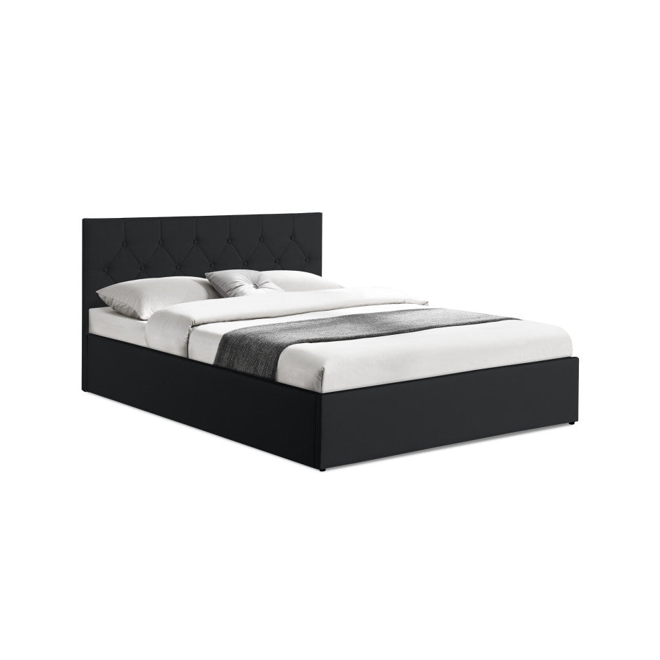 Lit coffre Hanna en PVC noir avec sommier et tête de lit 140x190cm