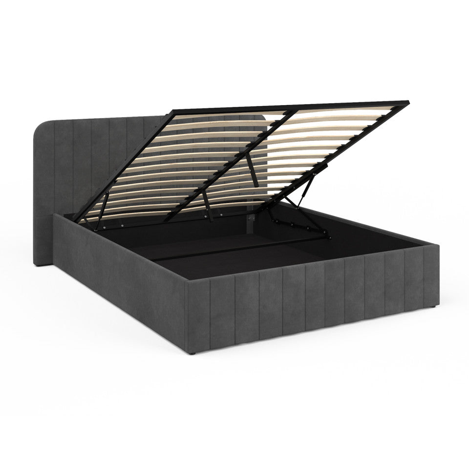 Lit coffre Valentina en velours gris avec sommier et tête de lit 140x190cm