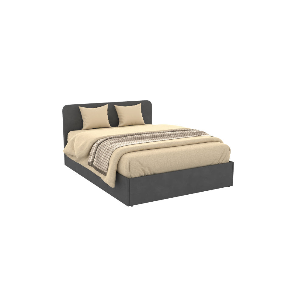 Lit coffre Louise en velours gris avec sommier et tête de lit arrondie 140x190cm