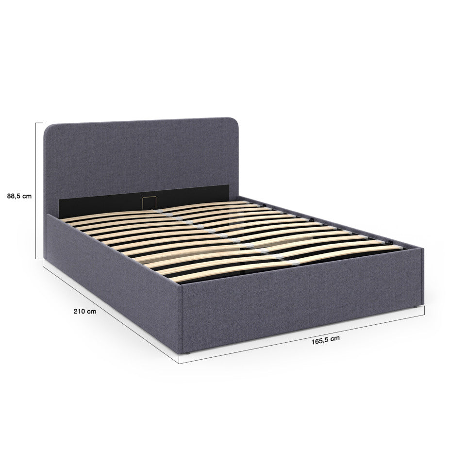 Lit coffre Louise en tissu gris avec sommier et tête de lit arrondie 160x200cm