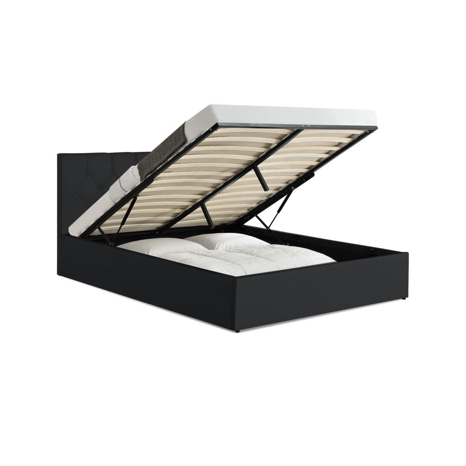 Lit coffre Hanna en PVC noir avec sommier et tête de lit 140x190cm
