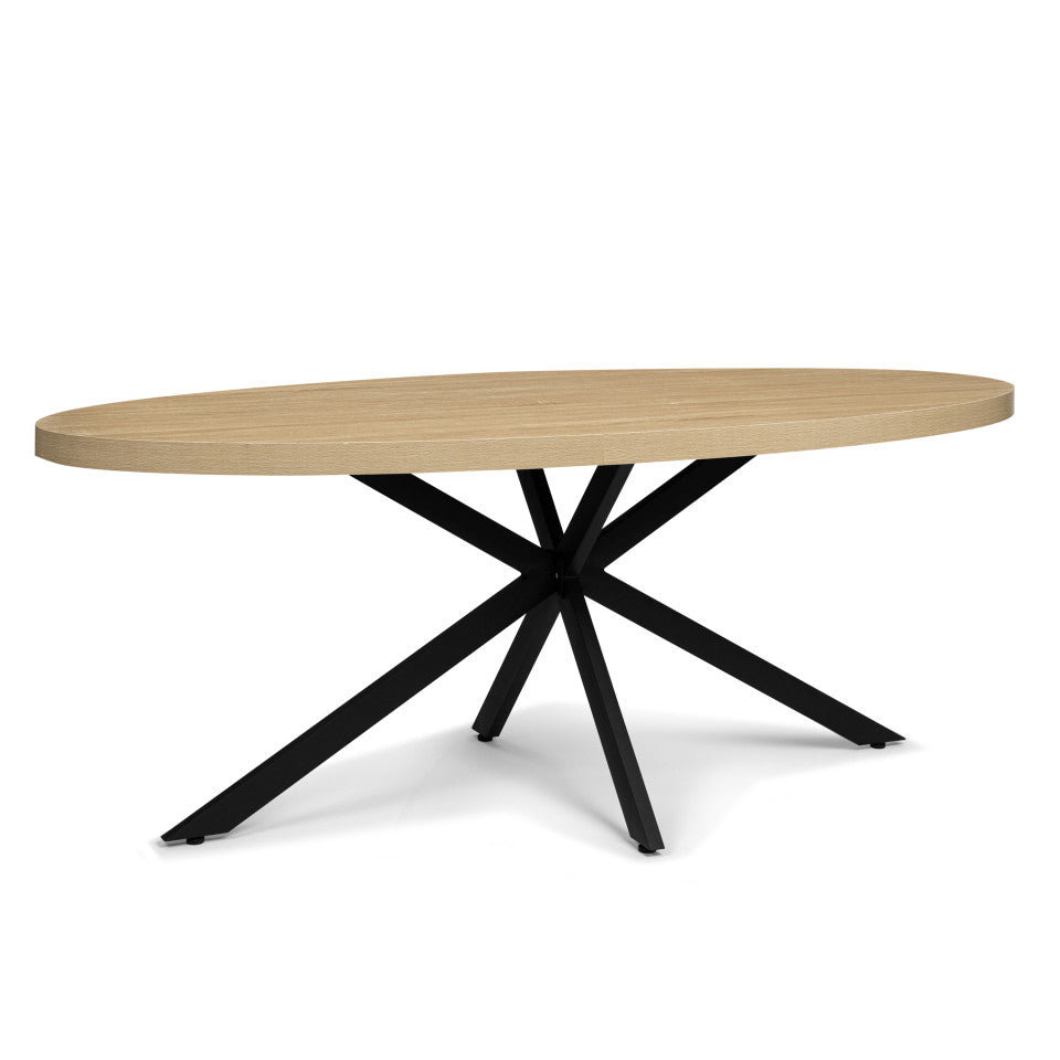 Table repas Céleste plateau ovale effet marbre 200cm et pieds croisés noirs