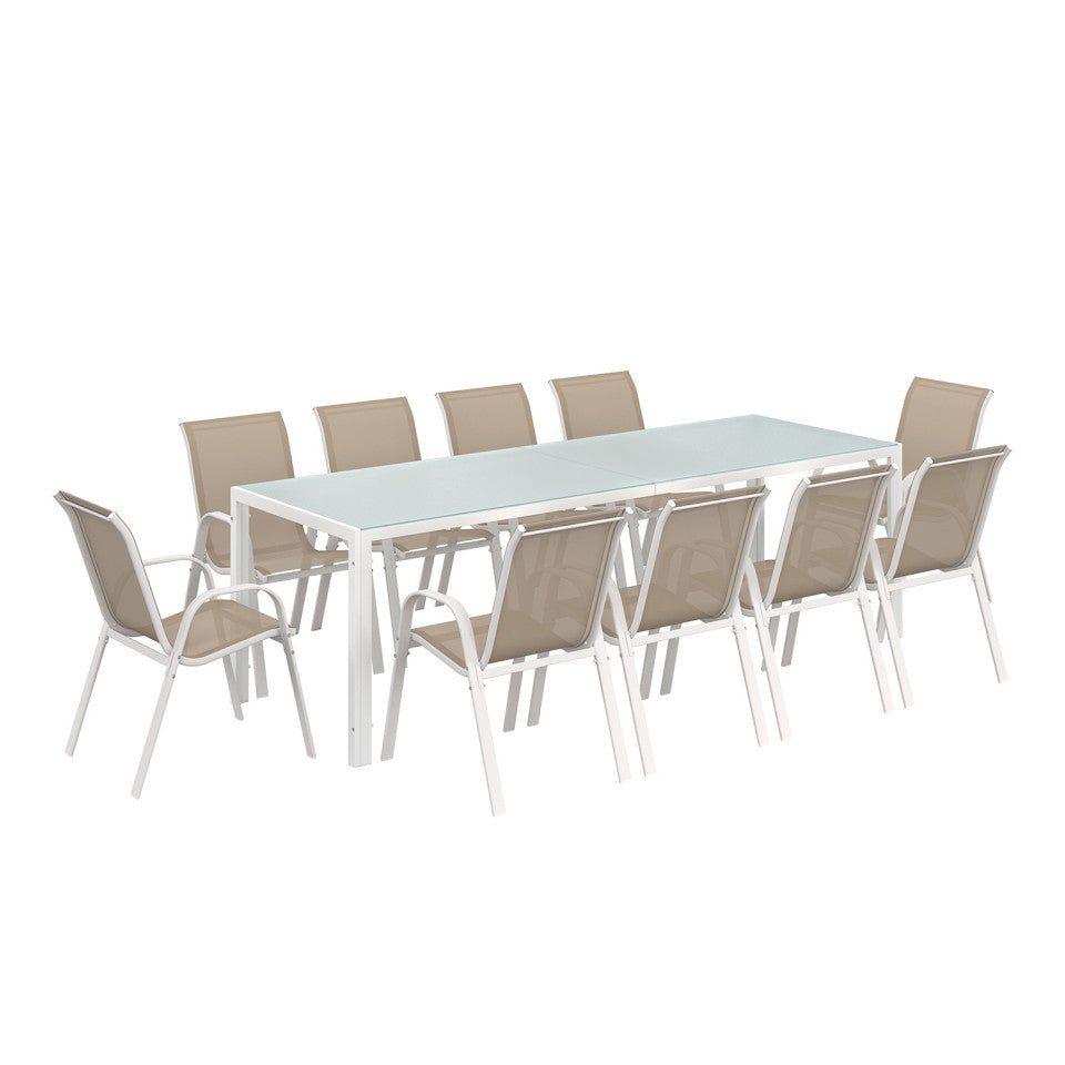 Ensemble repas Formentera 10 places en acier beige et verre trempé 240 cm