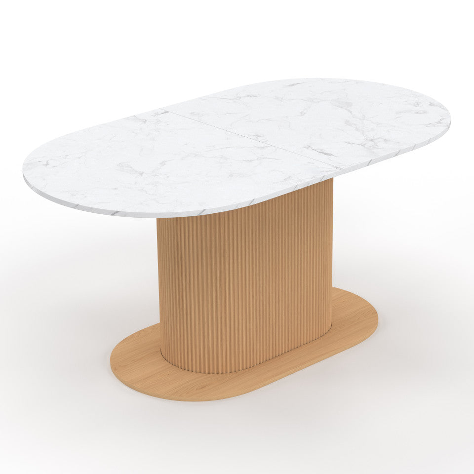 Table à manger extensible Maria effet marbre blanc et pied lattes 160-200cm