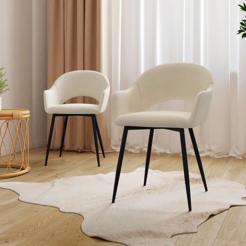 Chaises avec accoudoirs Rebecca en velours crème et pieds métal - lot de 2
