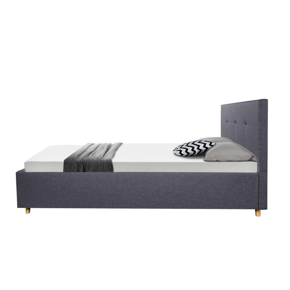 Lit coffre Mala en tissu gris avec sommier et tête de lit capitonnée 140x190cm