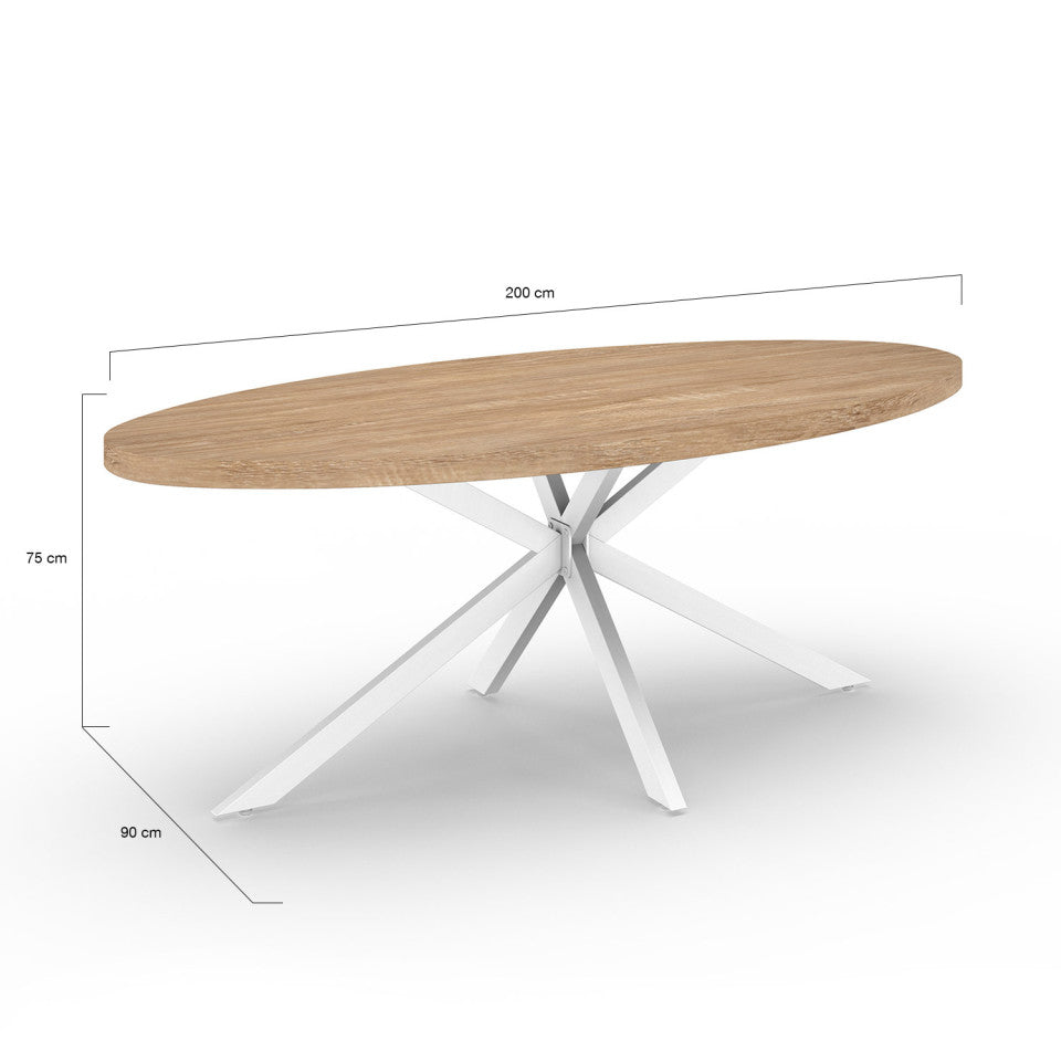 Table repas Céleste plateau ovale bois 200cm et pieds croisés blancs