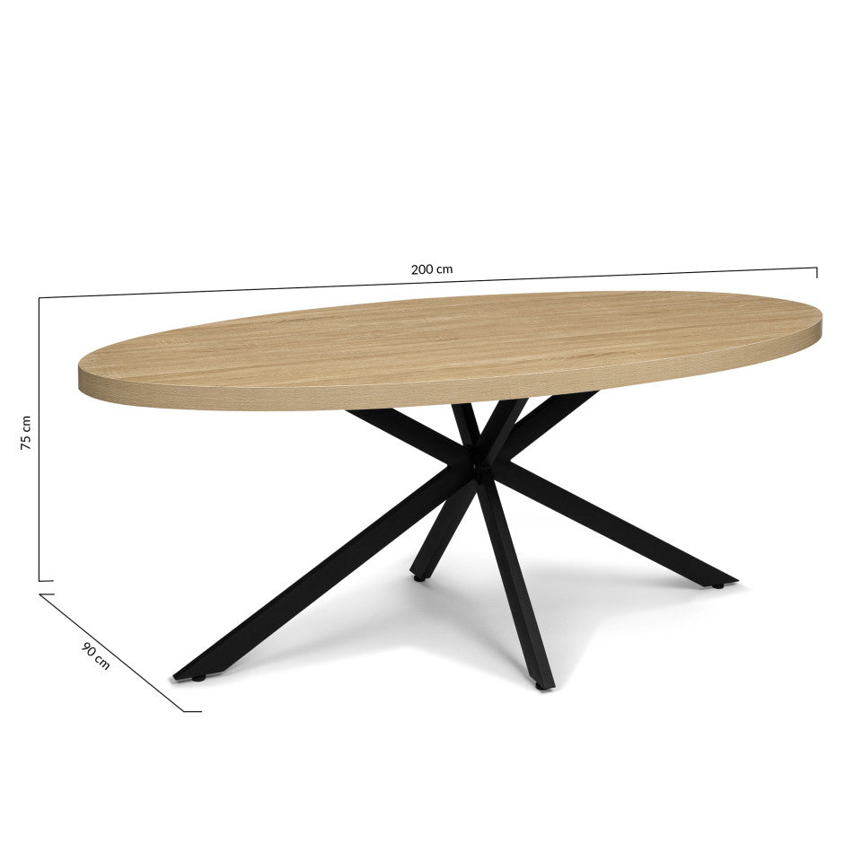 Table repas Céleste plateau ovale effet marbre 200cm et pieds croisés noirs