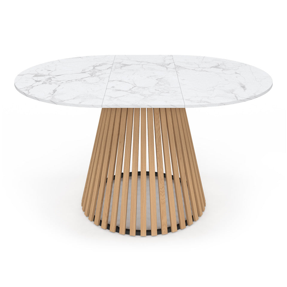 Table repas Camélia plateau rond extensible 110-150cm effet marbre blanc et pieds lattes