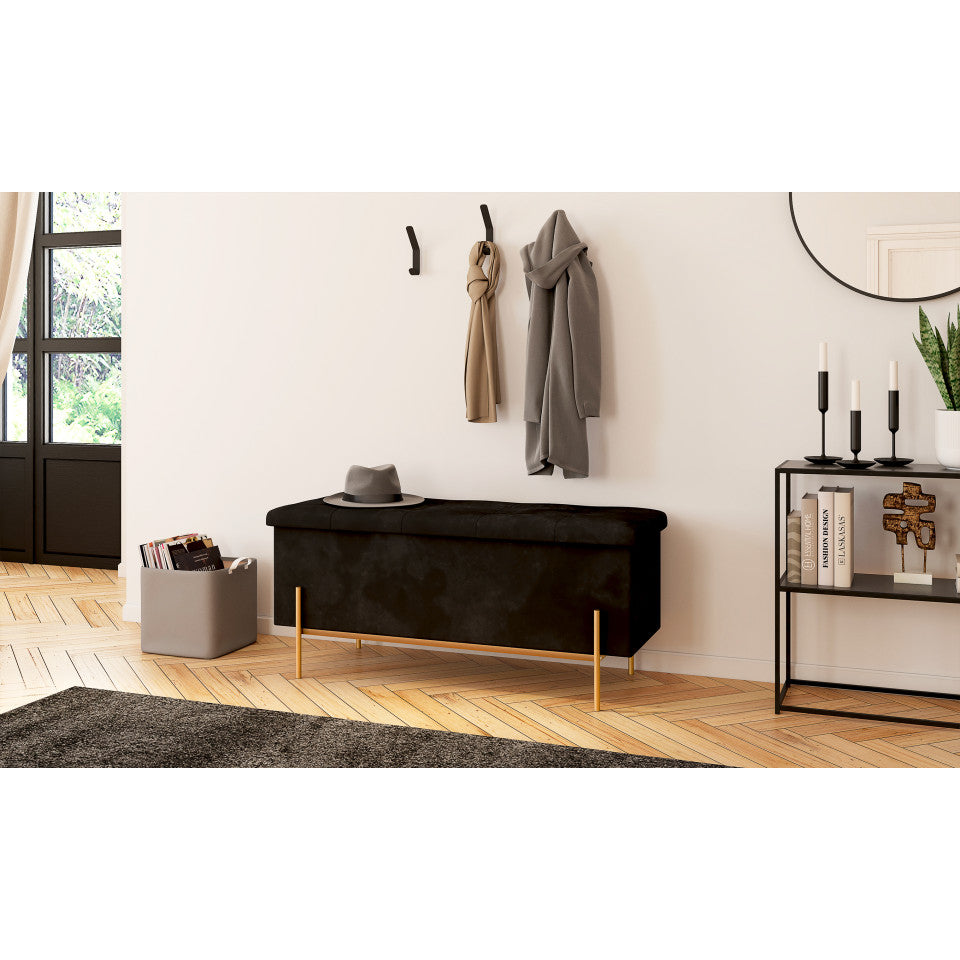 Banc coffre avec pieds dorés Loan en velours noir 100cm