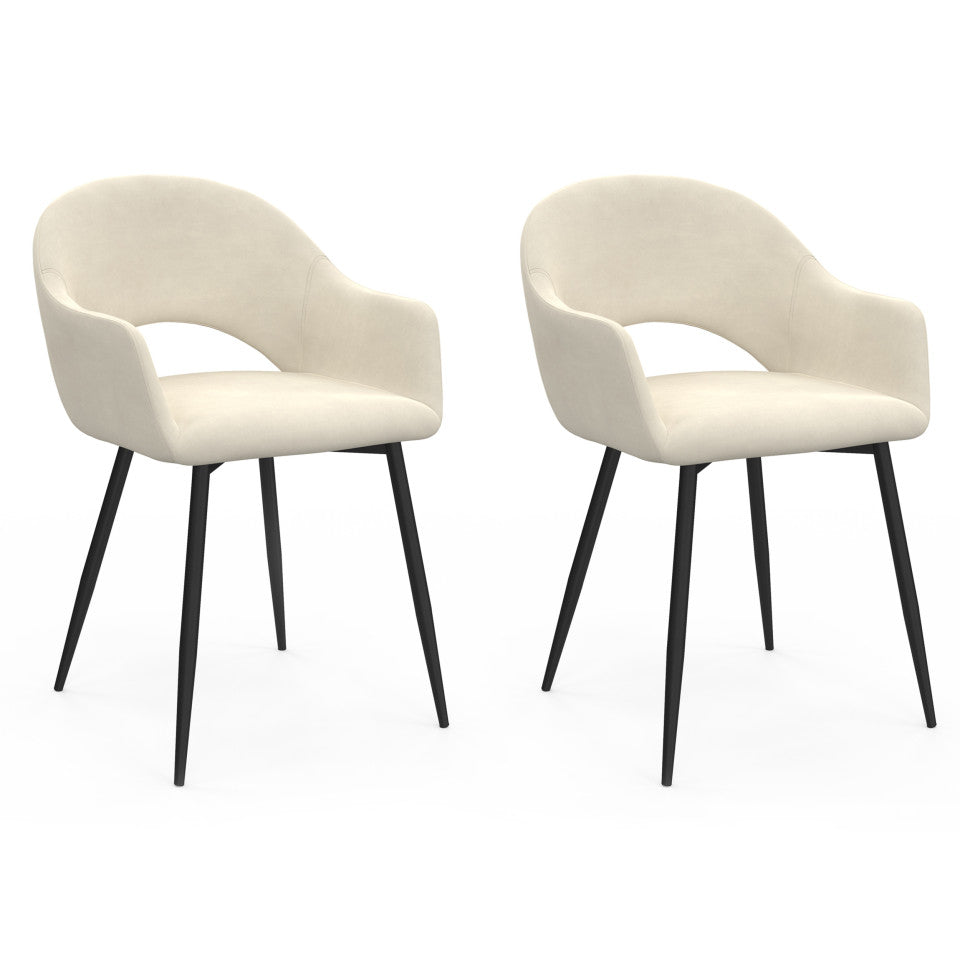 Chaises avec accoudoirs Rebecca en velours crème et pieds métal - lot de 2