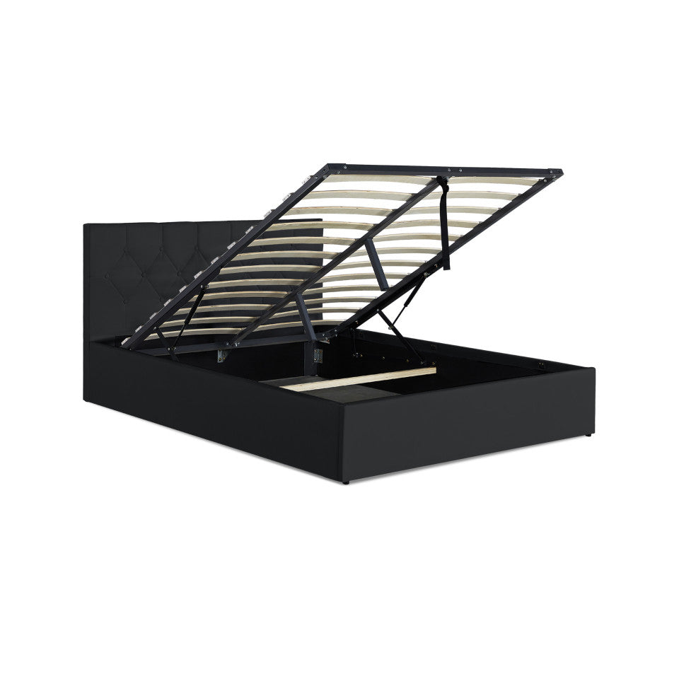 Lit coffre Hanna en PVC noir avec sommier et tête de lit 140x190cm