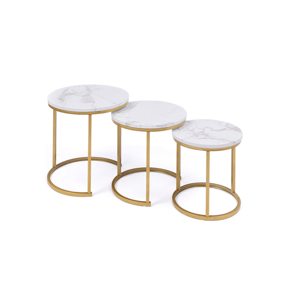 Tables basses rondes gigognes Glam plateau effet marbre blanc et pieds dorés - Lot de 3