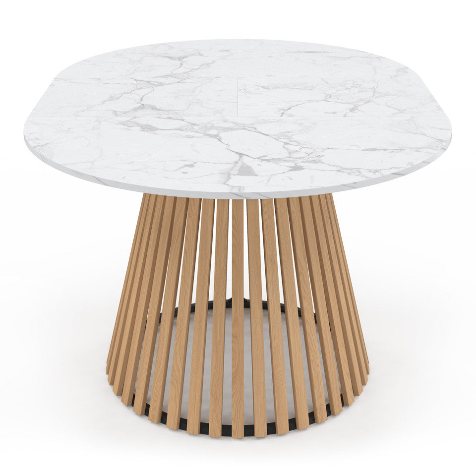 Table repas Camélia plateau rond extensible 110-150cm effet marbre blanc et pieds lattes