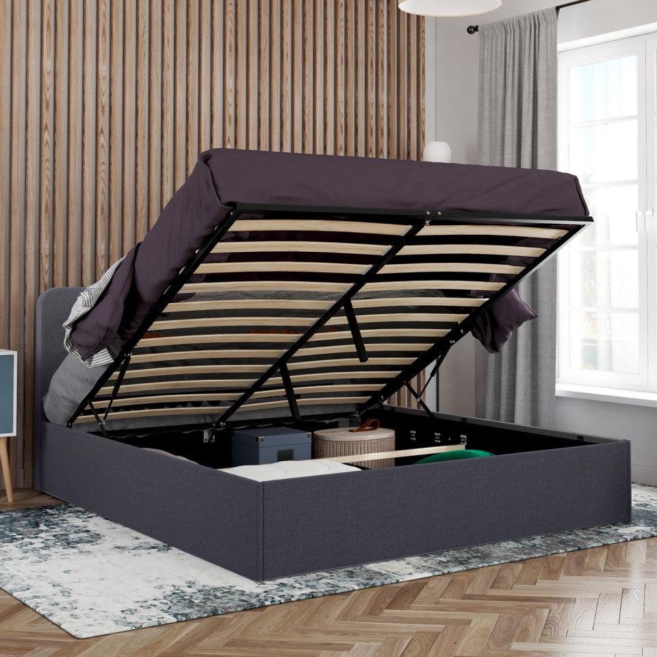 Lit coffre Louise en tissu gris avec sommier et tête de lit arrondie 160x200cm