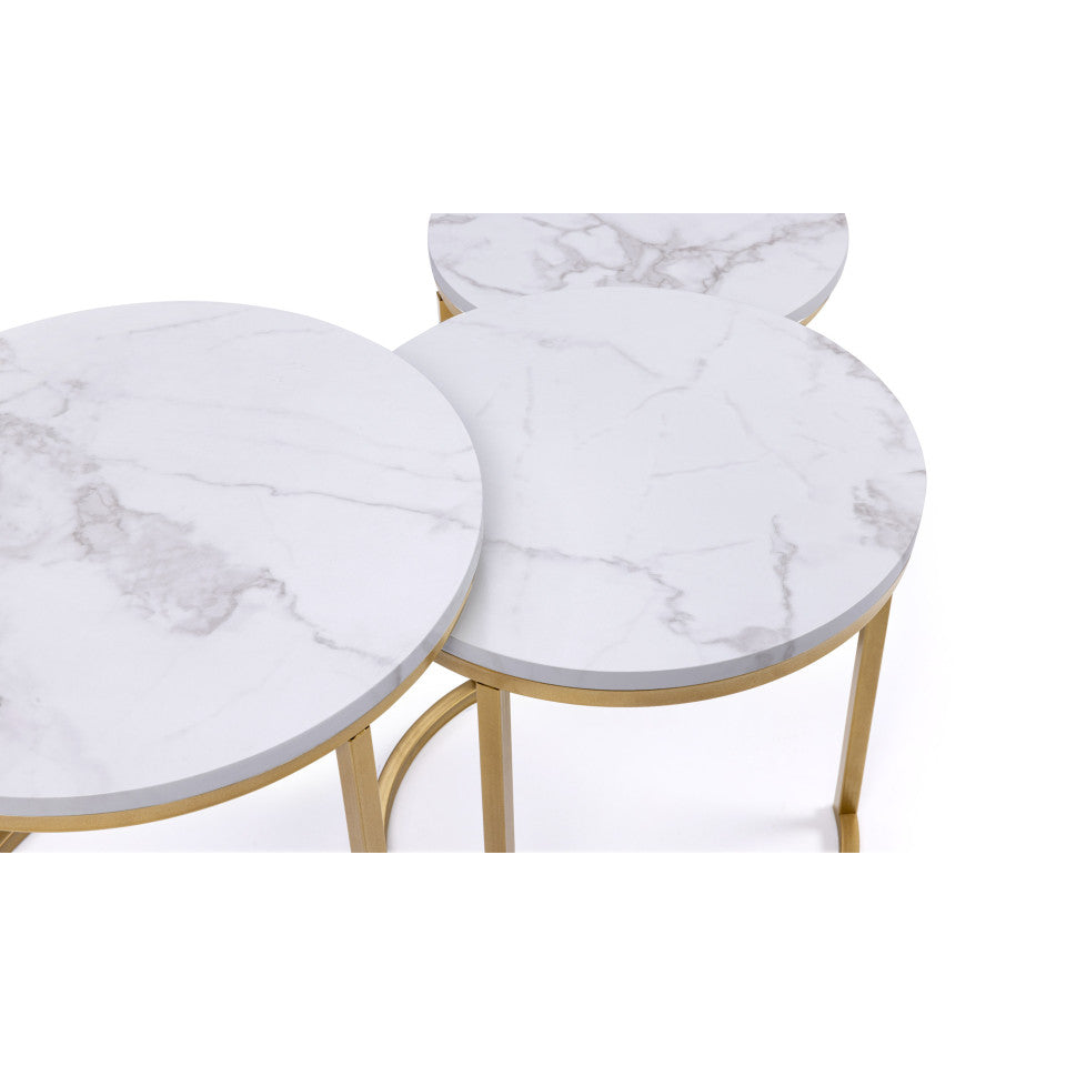 Tables basses rondes gigognes Glam plateau effet marbre blanc et pieds dorés - Lot de 3