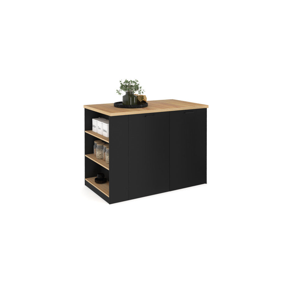 Ilot central de cuisine Dario L120cm bois et noir avec rangements