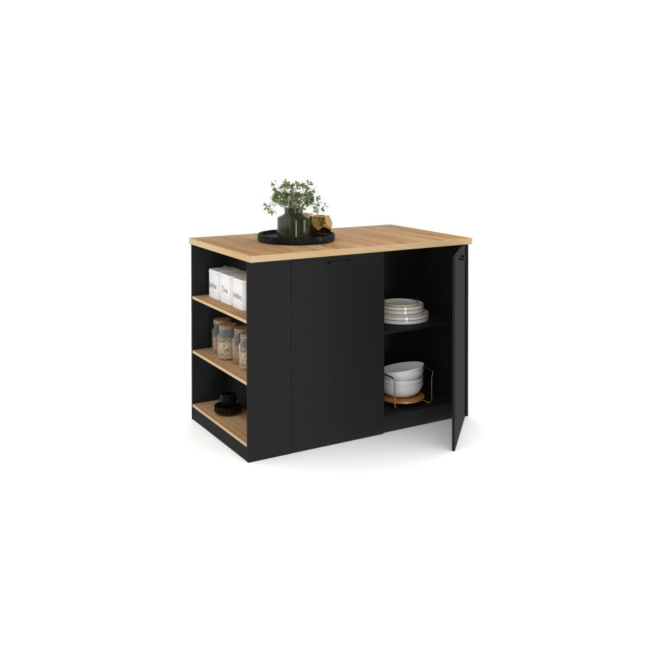 Ilot central de cuisine Dario L120cm bois et noir avec rangements
