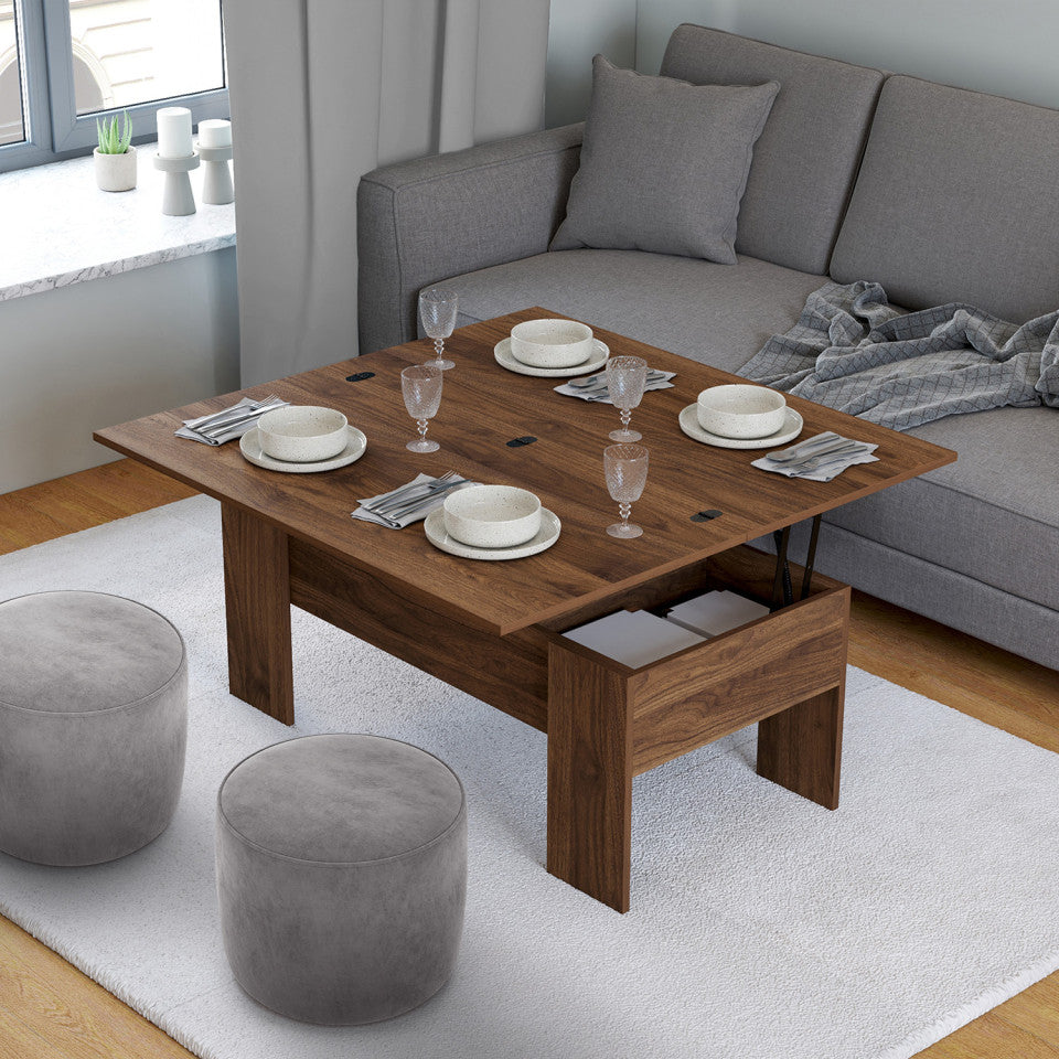 Table basse relevable dépliante effet noyer