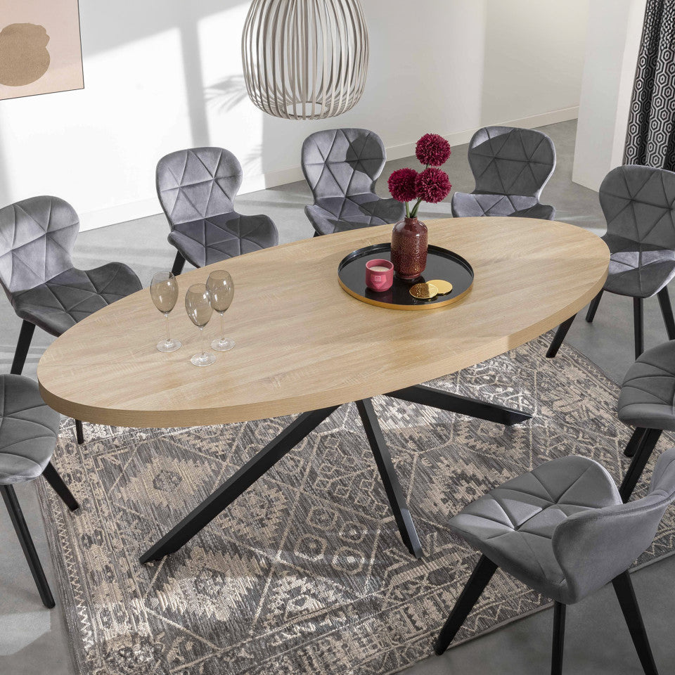 Table repas Céleste plateau ovale effet marbre 200cm et pieds croisés noirs