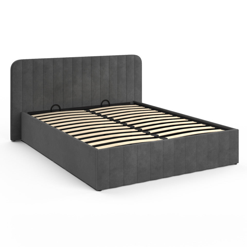 Lit coffre Valentina en velours gris avec sommier et tête de lit 140x190cm
