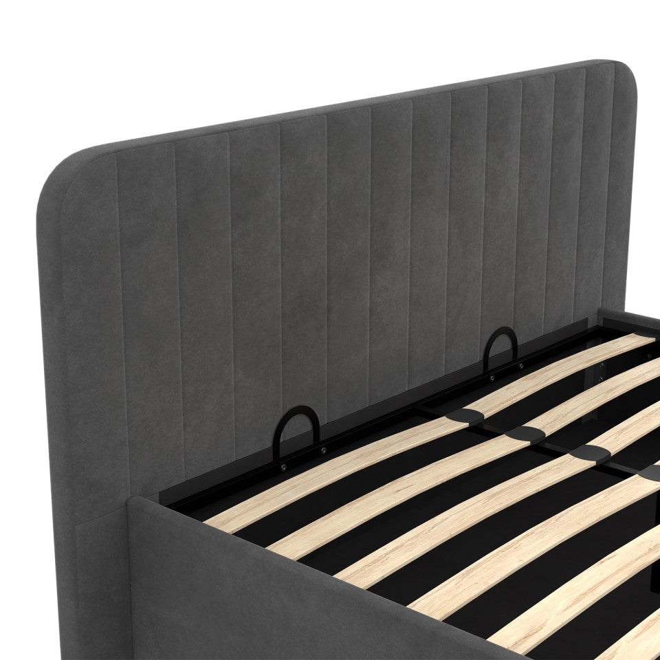 Lit coffre Valentina en velours gris avec sommier et tête de lit 160x200cm