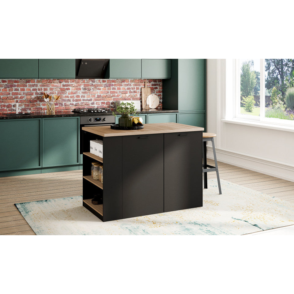 Ilot central de cuisine Dario L120cm bois et noir avec rangements