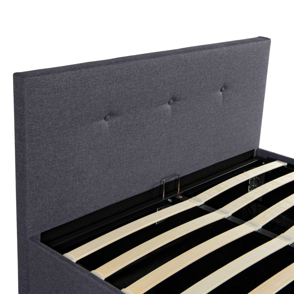 Lit coffre Mala en tissu gris avec sommier et tête de lit capitonnée 140x190cm