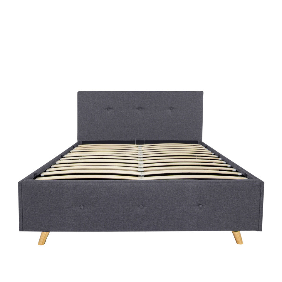 Lit coffre Mala en tissu gris avec sommier et tête de lit capitonnée 140x190cm