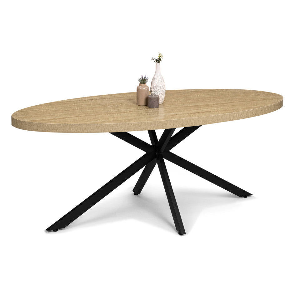 Table repas Céleste plateau ovale effet marbre 200cm et pieds croisés noirs