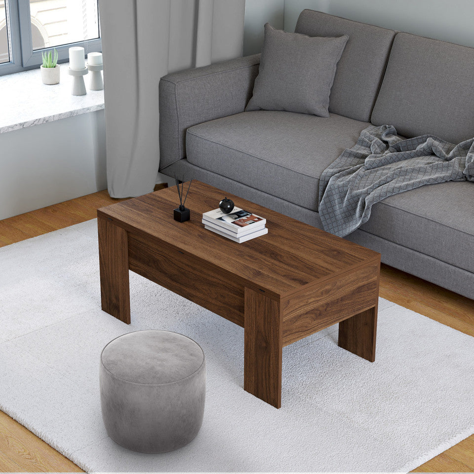 Table basse relevable dépliante effet noyer